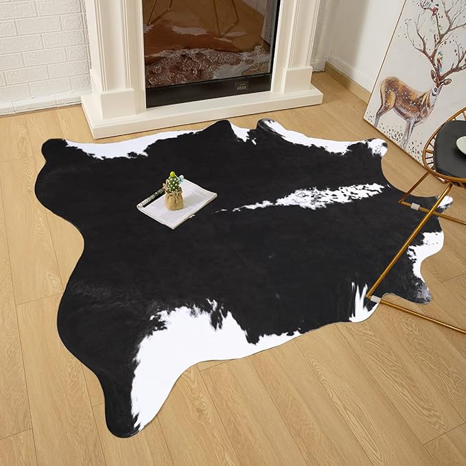 AROGAN Premium Faux Cowhide Rug 158 x 140 cm/5.2 x 4.6 feet, Durable and Large Size Cow Print Rugs, Suitable for Bedroom Living Room Western Decor, Faux Fur Animal Cow Hide Carpet, Black