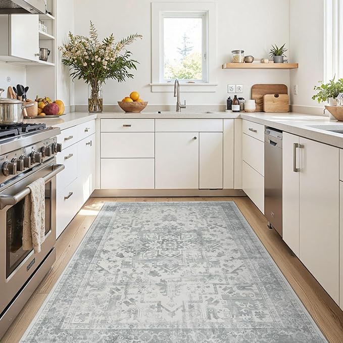 4x6 Washable Area Rug for Living Room, Neutral Vintage Boho Rugs for Office, Dining Room, Kids Room, Farmhouse, Durable Low Pile Non Slip Carpet for High Traffic Areas, Light Grey