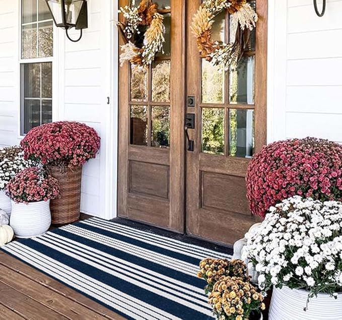 Blue and White Outdoor Rug 24'' x 51''Striped Front Porch Mat Hand-Woven Machine Washable Layered Door Mats for Entryway/Bedroom