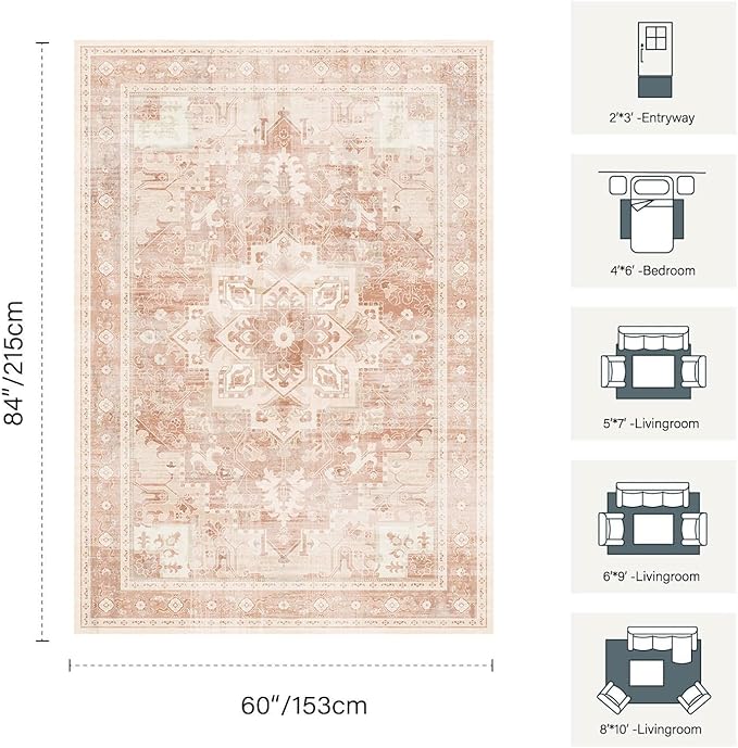 5X7 Washable Area Rug for Living Room, Vintage Large Boho Rugs for Office, Dining Room, Kids Room, Farmhouse, Low Pile Non Slip Carpet for High Traffic Areas, Orange