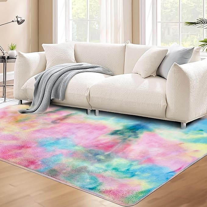 Ultra Soft Area Rug 4x6 Feet, Cosy Fuzzy Faux Fur Area Rug,Indoor Modern Plush Washable Shaggy Rugs for Bedroom Living Room Home Decor, Fluffy Carpet for Kids Room,Nursery,Dorm (Rainbow)