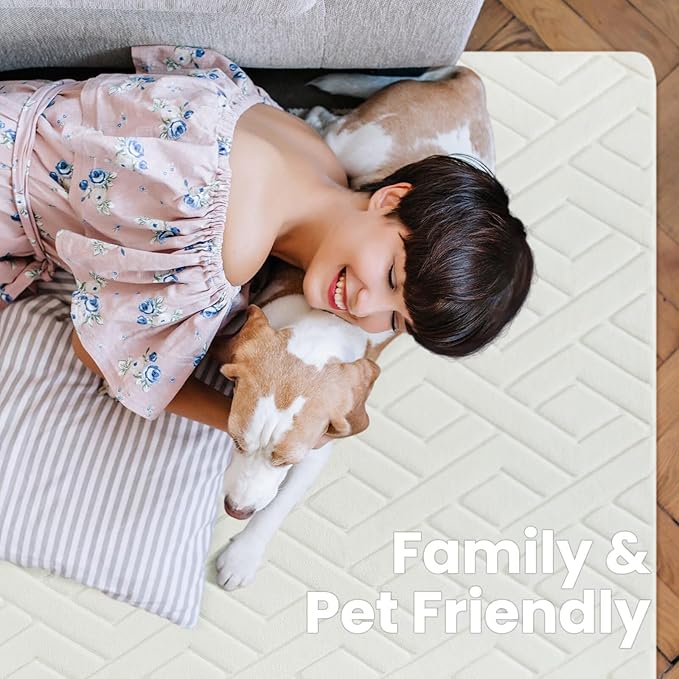 Ultra Soft Cream White Area Rug for Bedroom, 3x5 Modern Geometric Shag Rugs with Nonslip Backing for Living Room, Washable Fuzzy Carpet for Cozy Kids Room Nursery