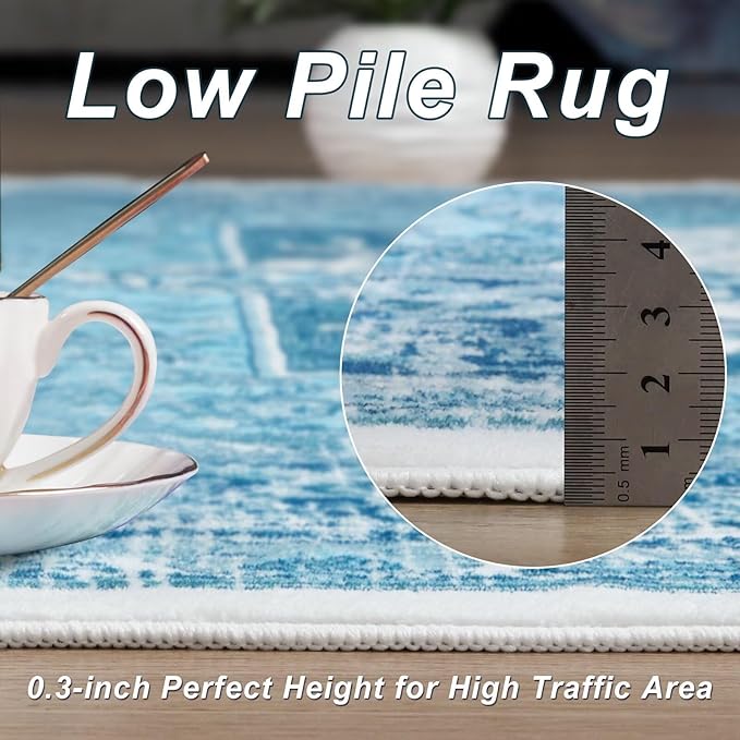2x3 Small Area Rug for Entryway, Soft Washable Rugs with Non-Slip Backing for Bedroom Kitchen, Vintage Throw Carpet Laundry Entry Door Decor, Blue & White