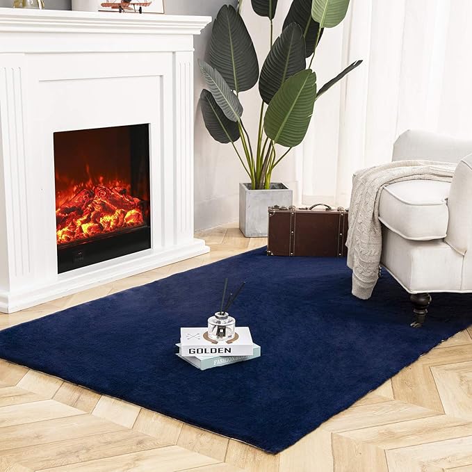Ashler HOME DECO Ultra Soft Faux Rabbit Fur Chair Couch Cover Area Rug for Bedroom Floor Sofa Living Room Dark Blue 4 x 6 Feet