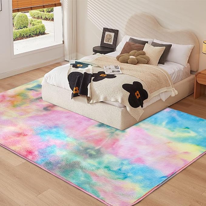 Ultra Soft Area Rug 4x6 Feet, Cosy Fuzzy Faux Fur Area Rug,Indoor Modern Plush Washable Shaggy Rugs for Bedroom Living Room Home Decor, Fluffy Carpet for Kids Room,Nursery,Dorm (Rainbow)