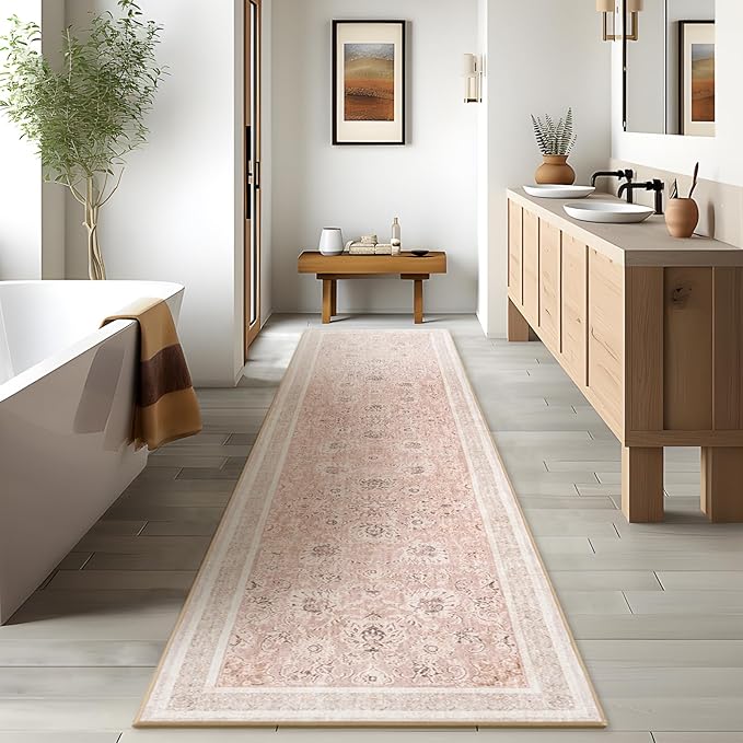 Phantoscope Hallway Runner Rug 2'x10'- Long Rug Runner Boho Washable Non-Slip Carpet for Kitchen Entryway Laundry Bedroom, Ultra-Thin Runners Vintage Distressed Accent Rug, Soft Pink/Beige