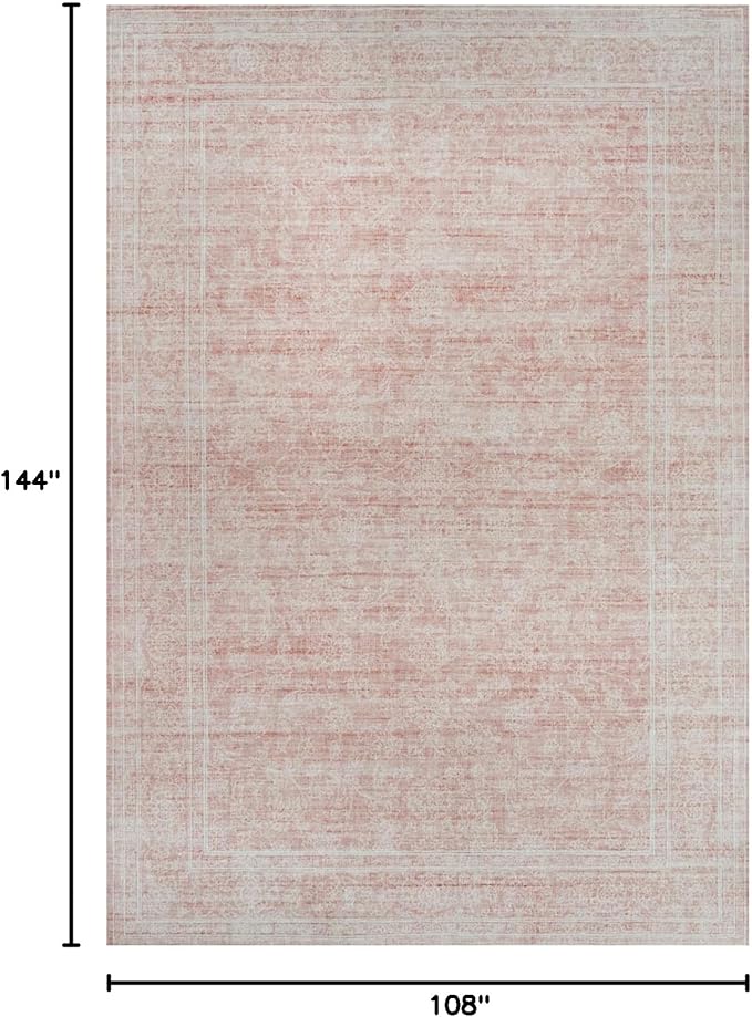 Washable Oriental Area Rug - 9x12 Rugs for Living Room Soft Carpet for Bedroom Waterproof Floral Distressed Indoor Stain Resistant Non-Shedding Floor Carpets (Pink, 9x12)