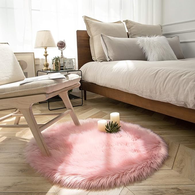 Ashler Faux Fur Rug, Pink Fluffy Shaggy Area Rug, Soft 3x3 Ft Round Fur Rug, Fuzzy Machine Washable Carpet, Nursery Rug for Kids Bedroom, Living Room