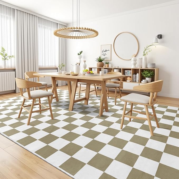 Terrug Beige and White Checkered Rug for Living Room Bedroom, 6x9 Soft Washable Area Rug with Non Slip, Low Pile Stain Resistance Carpet for Kids Room Entryway Kitchen Dorm
