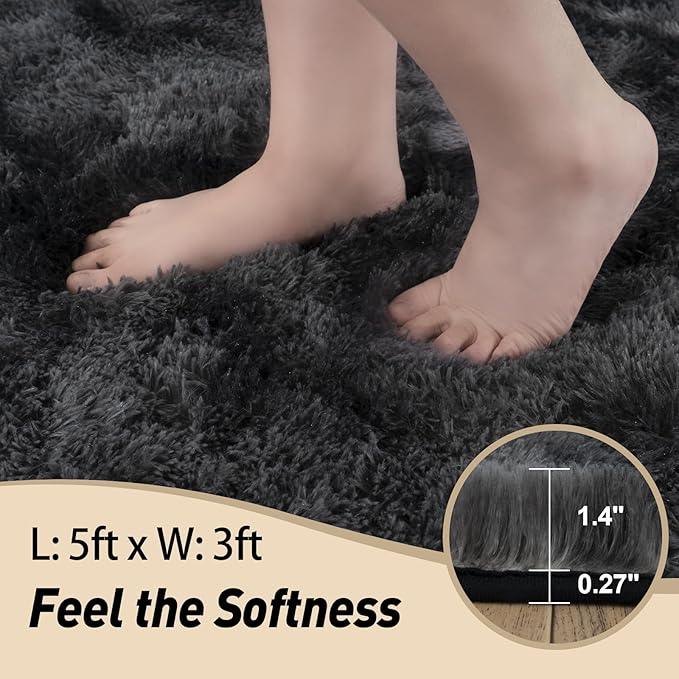 3x5 Rugs for Bedroom, Fluffy Area Rugs for Living Room, Soft Shag Kids Rug Small Carpet with 4 Non-Slip Rug Pads (Black Grey Tie-Dyed, 3ft x 5ft)