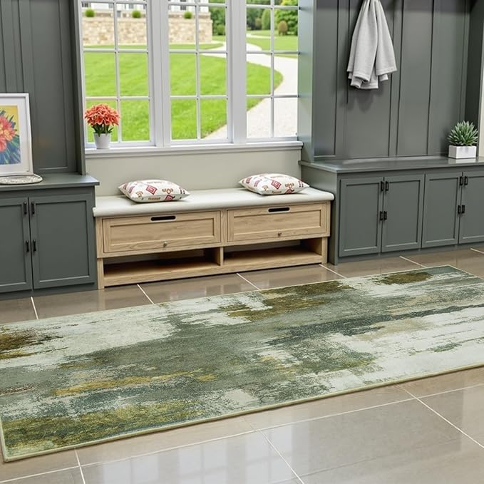 Washable Runner Rug, 2'6''x8' Kitchen Rugs Green Long Runner Rugs with Rubber Backing, Abstract Non-Slip Carpet Runners for Hallways, Kitchen, Bedroom, Laundry, Entrance