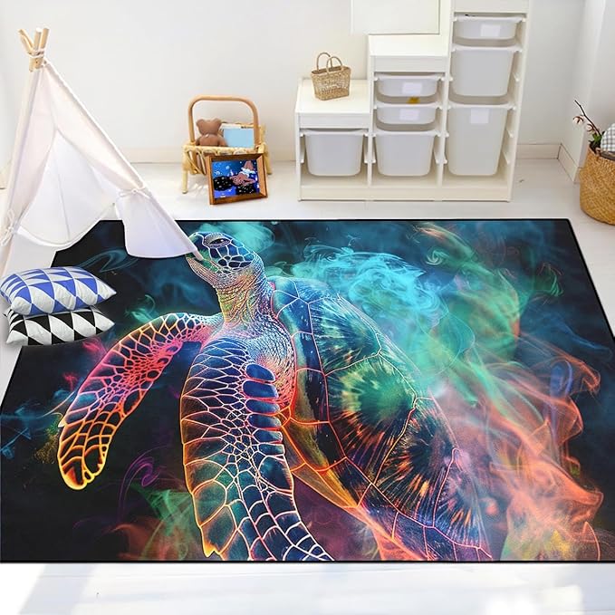 Sea Turtle Rugs - Seafloor Turtle Area Rugs for Kids 4'×5' Ocean Life Turtles Carpet Rugs for Bedroom Living Room Kids Room Decor Indoor Outdoor