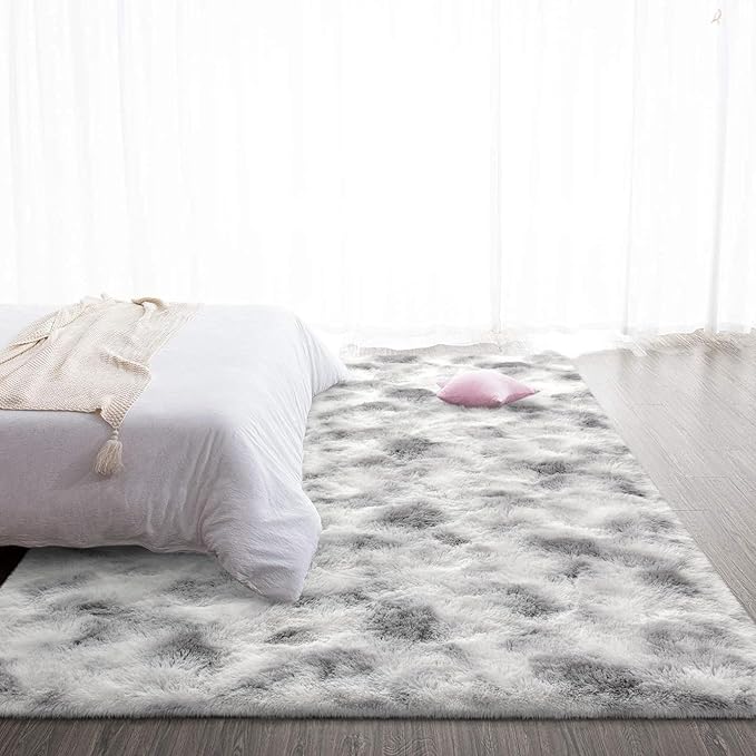 TWINNIS Super Soft Shaggy Rugs Fluffy Carpets 7x10 Feet, Indoor Modern Plush Area Rugs for Living Room Bedroom Kids Room Nursery Home Decor, Upgrade Anti-Skid Fuzzy Rug, Grey and White
