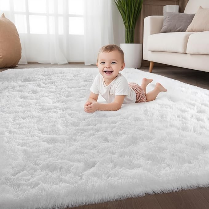 Zentavio White Living Room Rugs 8x10 Large Area Rugs for Bedroom Soft Fluffy Furry Shag Aesthetic Carpet Plush High Pile Floor Rug for Nursery Kids Room Dorm Home Decor