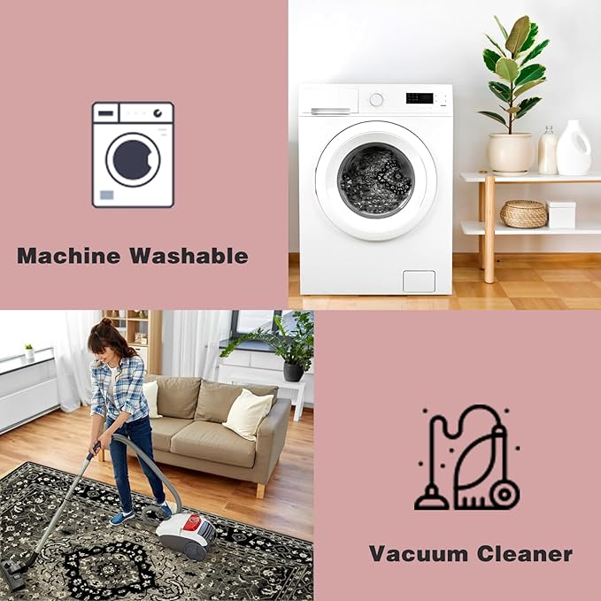 Yancorp 2'x3' Area Rug for Bedroom Non Slip Washable Rug Vintage Carpet Living Room Non-Shedding Indoor Floor Mats Bedroom Kitchen Entryway Rugs-Rectangle Black Grey