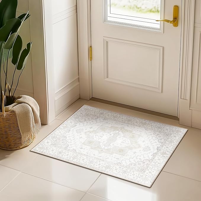 Washable 2x3 Area Rugs, Rugs for Living Room, Low-Pile Water&Stain Resistant Carpet Vintage Distressed Printed Non-Slip Carpet for Bedroom Bathroom Kitchen-Ivory