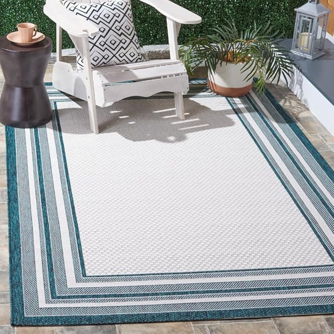 SAFAVIEH Courtyard Collection 4' x 5'7' Ivory / Teal CY8475 Indoor/ Outdoor Patio Backyard Mudroom Accent Rug
