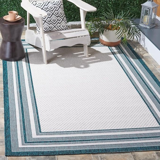 SAFAVIEH Courtyard Collection 4' x 5'7' Ivory / Teal CY8475 Indoor/ Outdoor Patio Backyard Mudroom Accent Rug