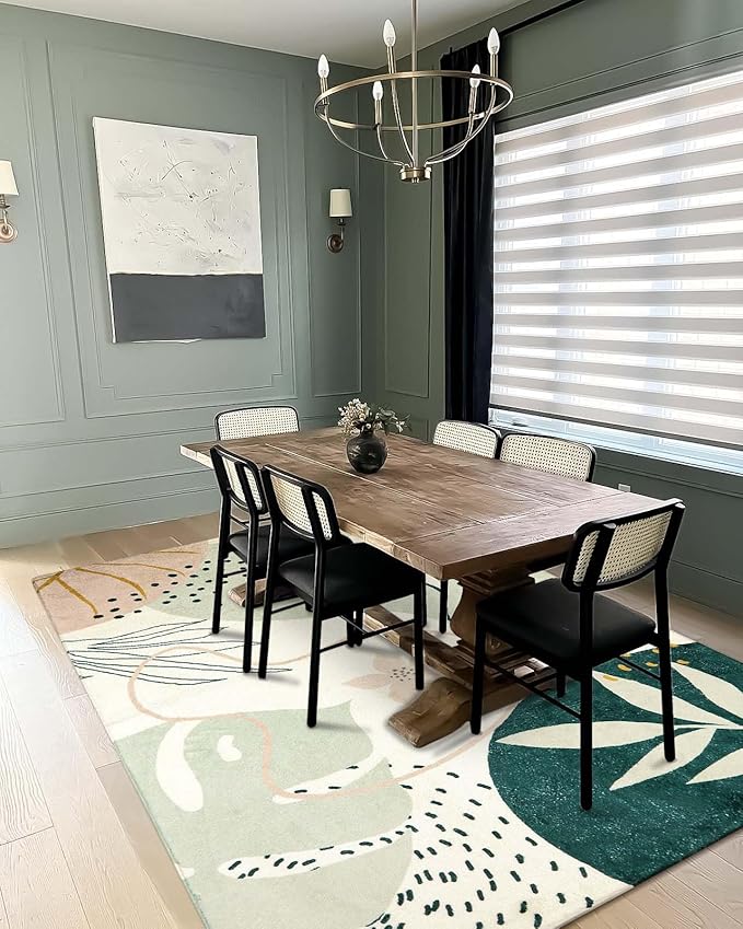 Lahome Green Botanical Print Washable Rugs - 5x7 Area Rugs for Living Room Boho Throw Large Bedroom Kitchen Rug Non-Slip Low-Plie Entryway Rug Floor Mat Carpet for Dining Laundry Room Office Rug