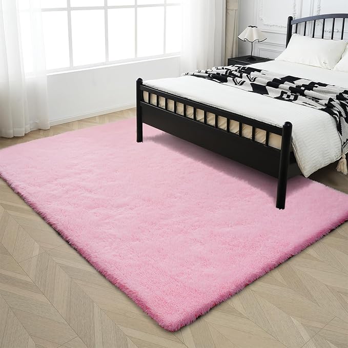 Pink Fluffy Rug Shaggy Area Rug, 4x6 Area Rugs for Girls Bedroom, Soft Cute Baby Play Mat, Indoor Floor Carpet for Teen, Nursery, Preppy Dorm, Plush Aesthetic Bedside Rug
