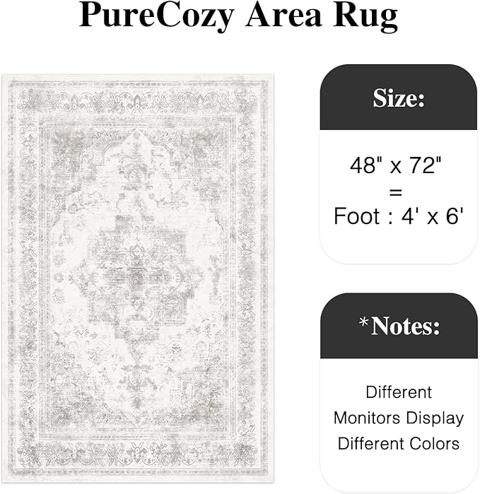 Area Rug 4x6 Washable Light Gray Rug Vintage Boho Medallion Entryway Door Mat Grey Distressed Retro Carpet Non Slip Low Pile Small Soft for Office Kitchen Bedroom Laundry Bathroom Hallway