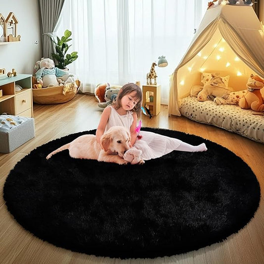 Black Fluffy Round Area Rugs for Bedroom,3'X3'Shag Circle Area Rugs for Living Room,Non Slip Fuzzy Plush Rug for Kids Room Boys Girls Room and Dorm Home Decor Rug