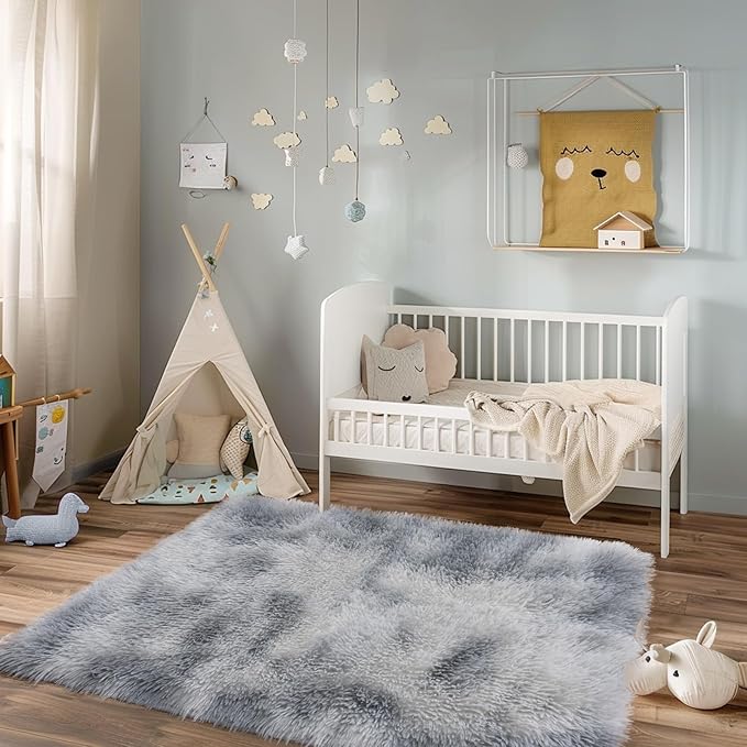 3x5 Rugs for Bedroom, Fluffy Area Rugs for Living Room, Soft Shag Kids Rug Small Carpet with 4 Non-Slip Rug Pads (Grey Tie-Dyed, 3ft x 5ft)