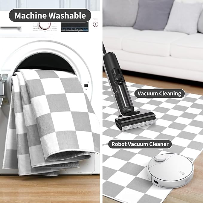 Terrug Grey and White Small Checkered Rug for Bedroom, 2x3 Soft Washable Rug with Non Slip Backing, Low Pile Throw Carpet for Entryway Hallway Kitchen Laundry Room