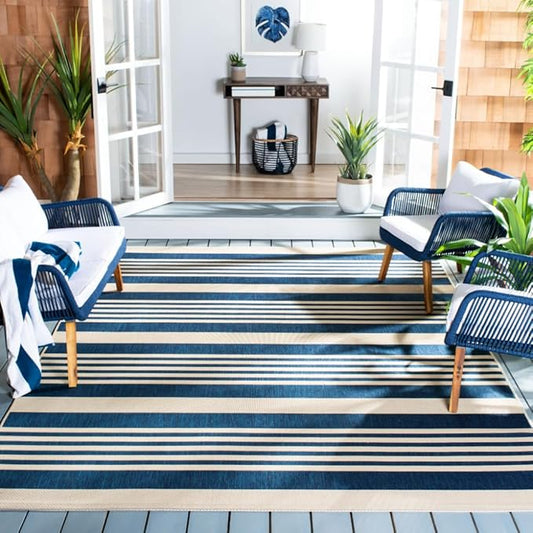 Safavieh Courtyard Collection CY6062 Stripe Indoor/ Outdoor Non-Shedding Stain Resistant Patio Backyard Area Rug, 9' x 12', Navy / Beige