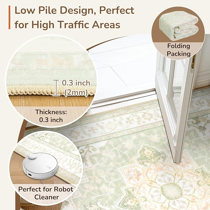 BESTSWEETIE 9x12 Area Rugs for Living Room, Washable Ultra Soft Boho Vintage Print Pattern Rug Non Slip Low Pile Carpet for Dining Room Bedroom Entryway Indoor-Light Green