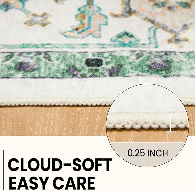Washable 9x12 Area Rugs, Rugs for Living Room, Low-Pile Water&Stain Resistant Carpet Vintage Distressed Printed Non-Slip Carpet for Bedroom Bathroom Kitchen-Grass Green