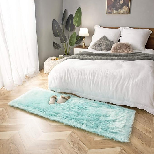 Ashler faux fur rug, Fluffy Shaggy Area Rug Ultra Soft 2.2 x 6 Feet Rectangle Fur Rug, Turquoise Fuzzy Rug Machine Washable Shag Rug, Nursery Decor Throw Rugs for Bedroom, kids room, Living Room
