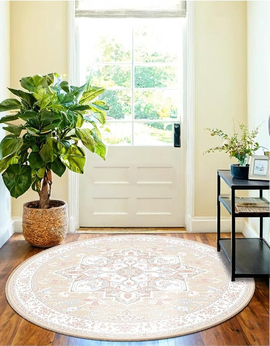 BESTSWEETIE 4ft Area Rugs for Living Room Washable Non Slip Carpet Low Pile Soft Vintage Print Pattern Rug for Bedroom Dining Room Kitchen Entryway Indoor-Cream/Light Yellow/Brown/Blue/Red/Pink