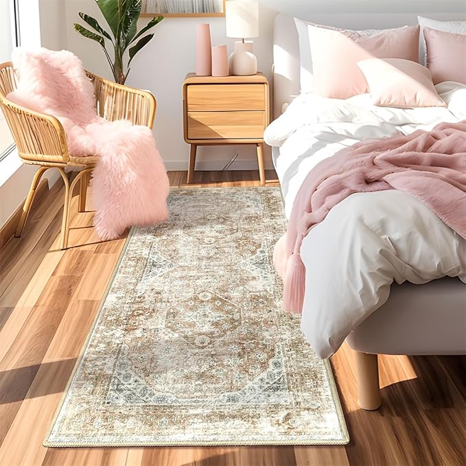 Boho Runner Rugs for Bedroom Hallways Washable Runner Rug Non Slip Throw Carpet for Entryway Bathroom Kitchen Bedside Girls Cute Long Soft Floral Light Gray Beige Home Decor 2'x6'