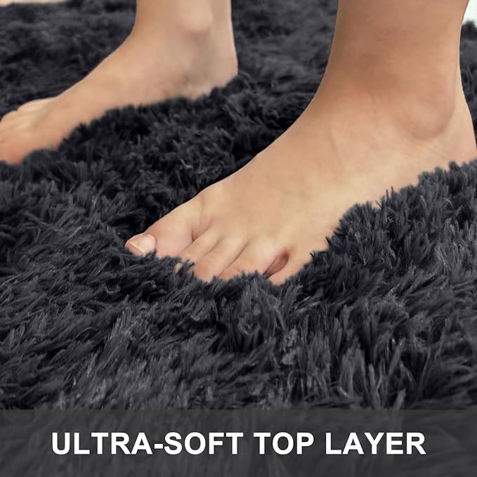 OLANLY 2x3 Machine Washable Small Bedside Rug, Soft Fluffy Shaggy Entryway Throw Rugs for Bedroom, Living Room, Indoor Floor Carpet for Kids Girls and Boys, Nursery Rooms, Home Decor Aesthetic, Black