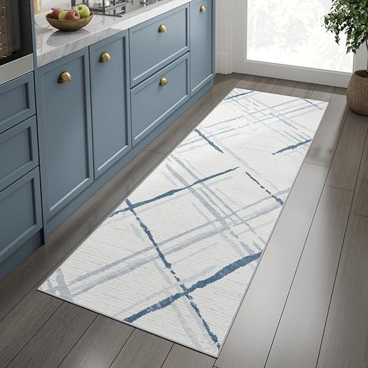 jinchan Kitchen Runner Rug 2x10 Modern Hallway Rug Washable Rug Abstract Non Slip Geometric Grid Accent Rug Blue Lines Soft Thin Rug Carpet Runner for Bedroom Bathroom Laundry Room Living Room
