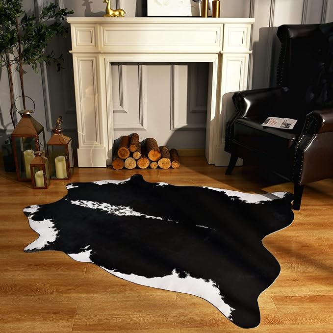 BENRON Premium Cowhide Rug Black, Faux Cow Hide Rugs for Living Room Bedroom Western Home Decor, Non Slip Cute Rug with Irregular Animal Skins and Hides, 4.6 x 5.2ft