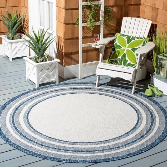 SAFAVIEH Courtyard Collection Area Rug - 9' Round, Ivory & Navy, Non-Shedding & Easy Care, Indoor/Outdoor & Washable-Ideal for Patio, Backyard, Mudroom (CY8475-53412)
