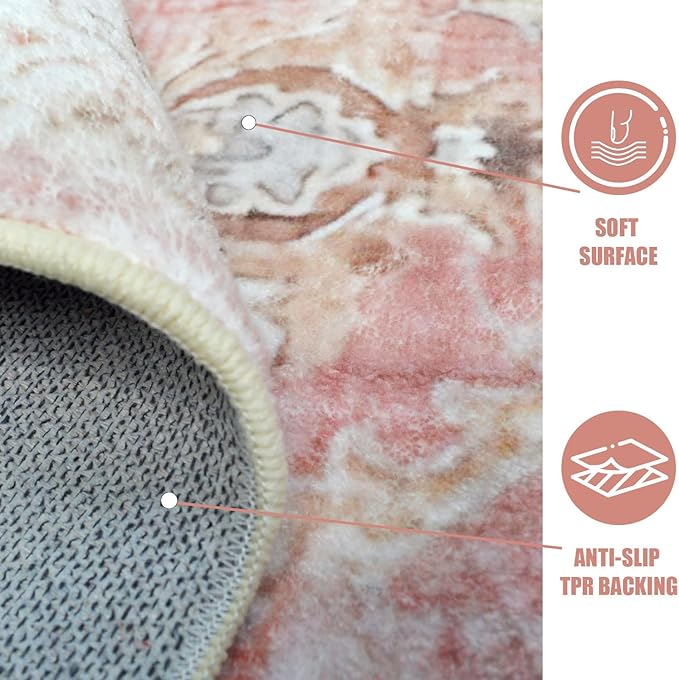 Yancorp 5'x7' Boho Area Rug for Bedroom Non Slip Washable Rug Vintage Carpet Living Room Non-Shedding Indoor Floor Mats Bedroom Kitchen Entryway Pink