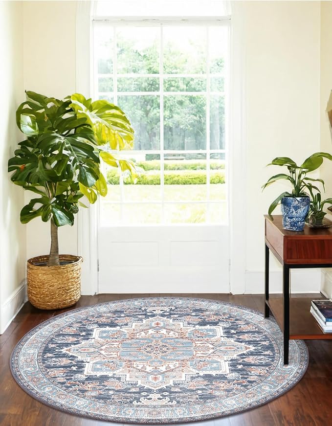 BESTSWEETIE 4ft Area Rugs for Living Room Washable Non Slip Carpet Low Pile Soft Vintage Print Pattern Rug for Bedroom Dining Room Kitchen Entryway Indoor-Navy Blue/Light Blue/Natural/Brick
