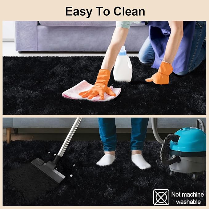 5x7 Rugs for Living Room, Black Large Fluffy Area Rugs for Bedroom, Soft Carpet Shag Kids Rug with 4 Non-Slip Rug Pads(5ft x 7ft, Black)