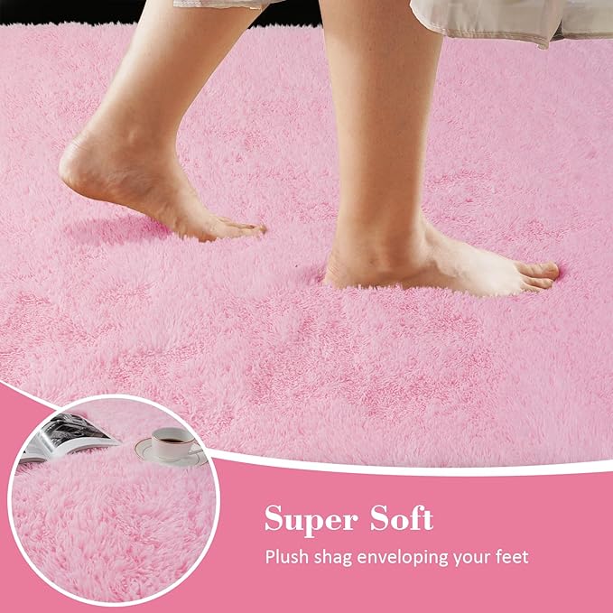 Pink Fluffy Rug Shaggy Area Rug, 4x6 Area Rugs for Girls Bedroom, Soft Cute Baby Play Mat, Indoor Floor Carpet for Teen, Nursery, Preppy Dorm, Plush Aesthetic Bedside Rug
