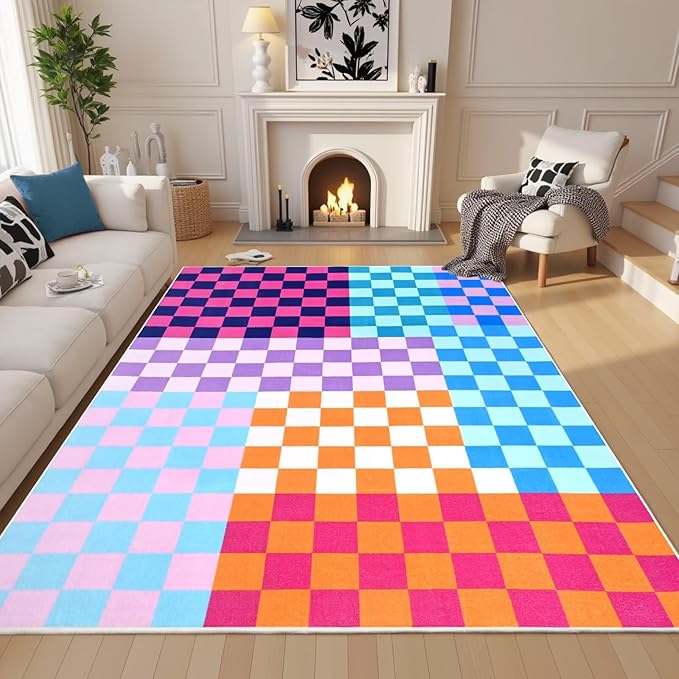 Terrug Multicolored Checkered Rug for Living Room Bedroom, 6x9 Soft Washable Area Rug with Non Slip, Low Pile Stain Resistance Carpet for Kids Room Entryway Kitchen Dorm