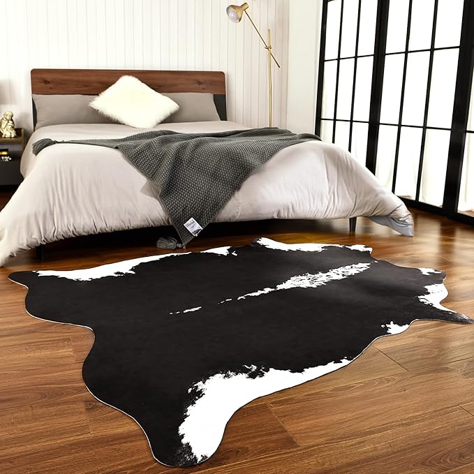BENRON Premium Cowhide Rug Black, Faux Cow Hide Rugs for Living Room Bedroom Western Home Decor, Non Slip Cute Rug with Irregular Animal Skins and Hides, 4.6 x 5.2ft