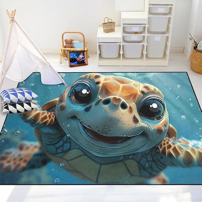 Sea Turtle Rugs - Seafloor Turtle Area Rugs for Kids 70 x 55 Inches Ocean Life Turtles Carpet Rugs for Bedroom Living Room Kids Room Decor
