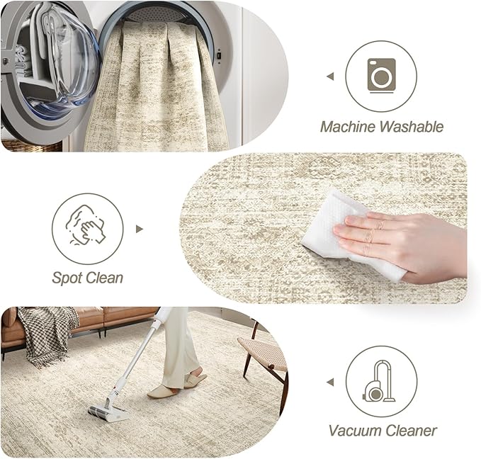 10x14 Area Rugs for Living Room, Non Slip Machine Washable Vintage Rugs, Low Pile Lightweight Large Rug for Bedroom, Dining Room, Home Office Beige