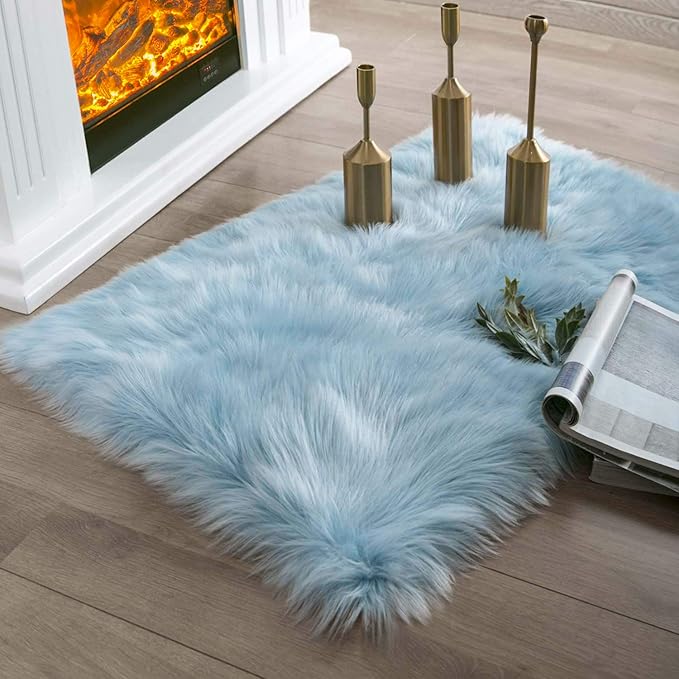 Ashler Fluffy Shaggy Faux Fur Rug - Ultra Soft Light Blue Fuzzy Machine Washable 2 x 2.9 Feet Rectangle Rug for Bedroom, Kids Room, Living Room & Nursery Decor