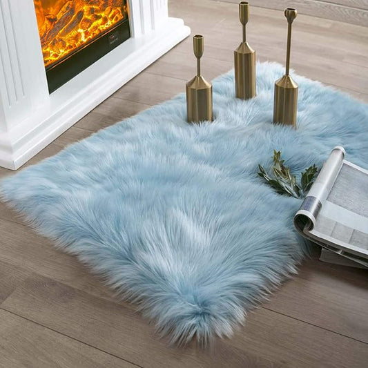 Ashler Fluffy Shaggy Faux Fur Rug - Ultra Soft Light Blue Fuzzy Machine Washable 2 x 2.9 Feet Rectangle Rug for Bedroom, Kids Room, Living Room & Nursery Decor