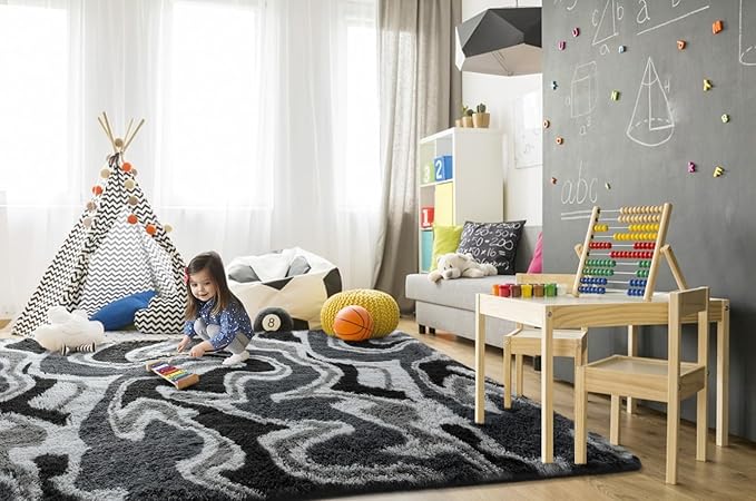 TWINNIS Super Soft Shaggy Rugs Fluffy Carpets, 5x8 Feet, Indoor Modern Plush Area Rugs for Living Room Bedroom Kids Room Nursery Home Decor, Upgrade Anti-Skid Rectangular Fuzzy Rug, Grey Black