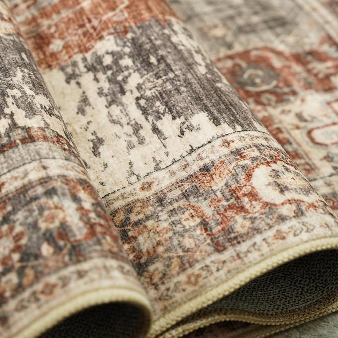 Washable 3x5 Area Rugs - Vintage Area Rug for Living Room Stain Resistant Carpet Low Pile Ultra-Thin Rugs for Bedroom Kitchen entryway with Non Slip Backing Home Decor Small Mat 3X5 Brick